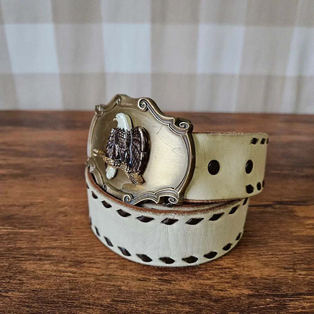 Vtg 70s 1978 Raintree Eagle Belt Buckle White Woven Western Leather Belt Size 32